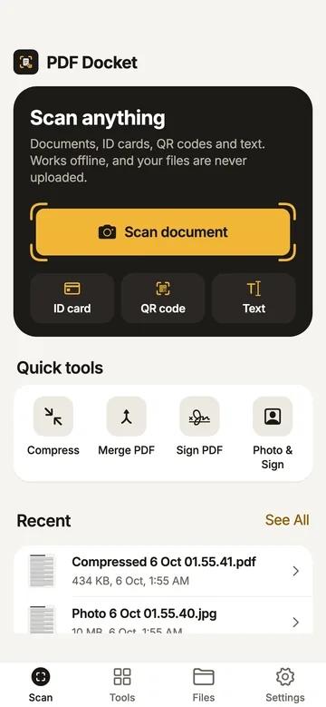 Scan home in the light theme, with a Scan document button, quick tools for Compress, Merge PDF, Sign PDF and Photo and Sign, and recent files