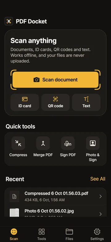 Scan home in the dark theme, with quick tools for Compress, Merge PDF, Sign PDF and Photo and Sign