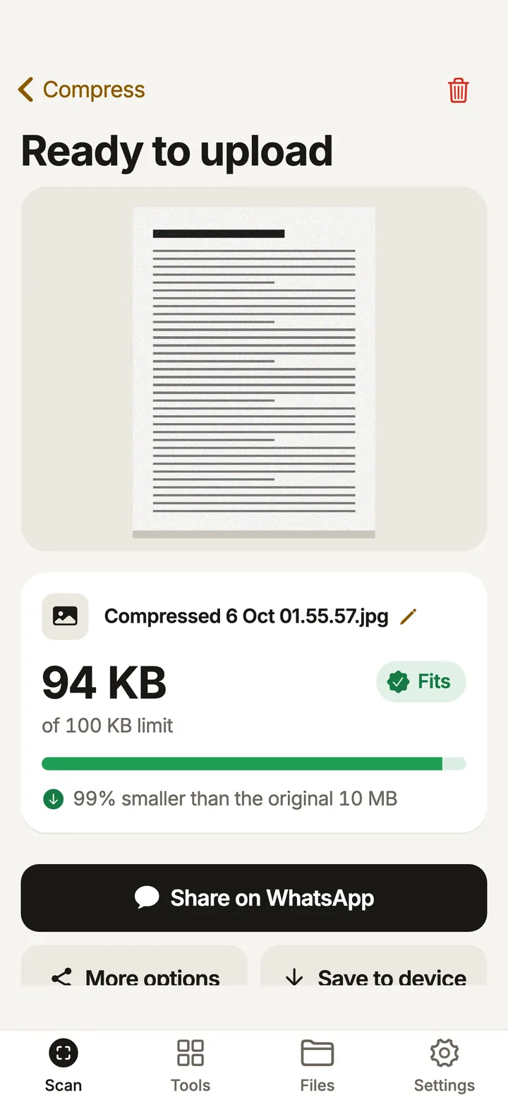 The result screen: the marksheet compressed to 94 KB of a 100 KB limit and marked Fits, with a Share on WhatsApp button