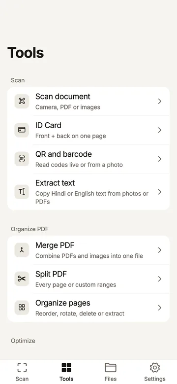 The Tools tab, listing Scan document, ID Card, QR and barcode, Extract text, Merge PDF, Split PDF and Organize pages